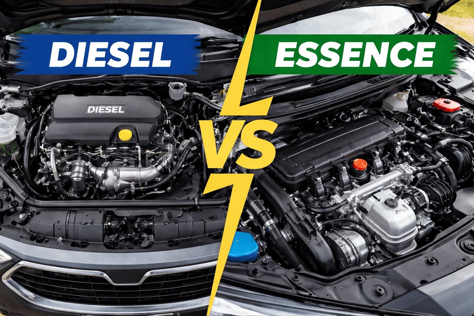 Comparaison des moteurs diesel et essence sous le capot : moteur diesel à gauche, moteur essence à droite, avec un bandeau indiquant ‘DIESEL VS ESSENCE’.