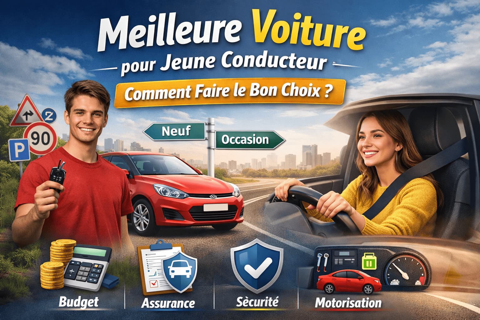 Illustration représentant un jeune conducteur choisissant sa première voiture, meilleure voiture pour jeune conducteur, avec des éléments clés comme le budget, l’assurance, la sécurité et la motorisation pour faire le bon choix.