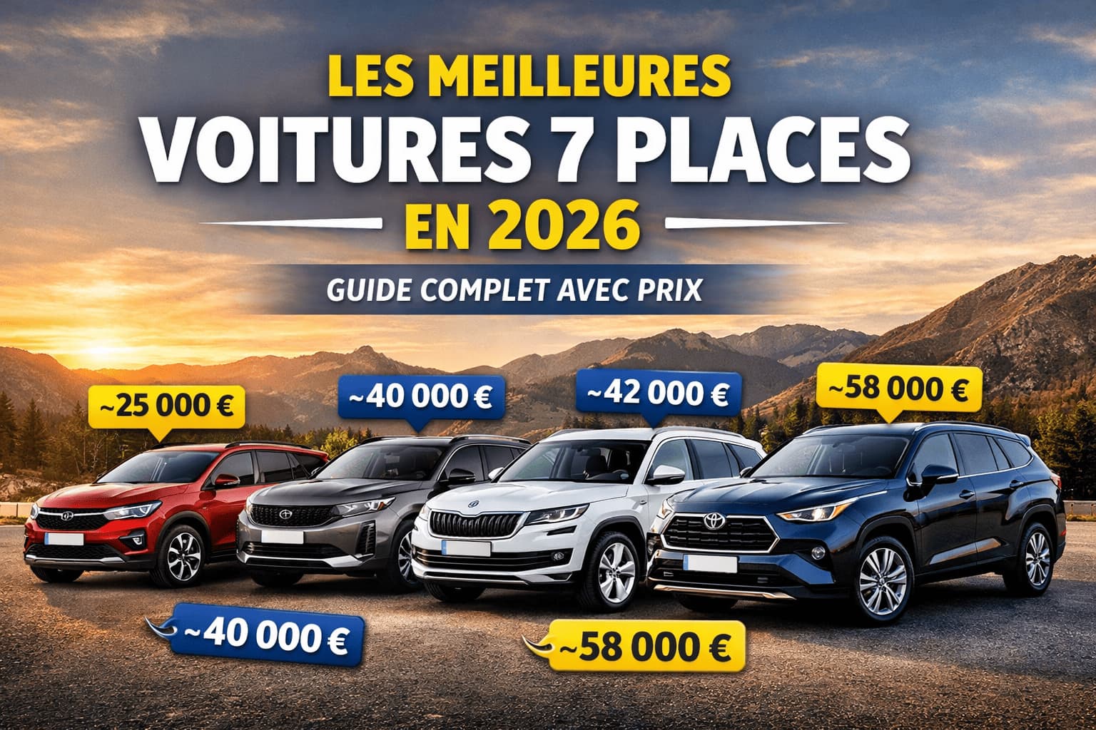 Comparatif visuel de plusieurs véhicules familiaux spacieux adaptés au transport de sept passagers, avec indications de prix et panorama de montagne en arrière-plan.